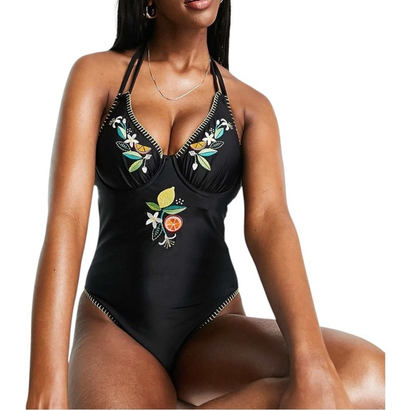 Figleaves Other - Figleaves Fuller Bust Embroidered Double Strap Swimsuit 34DDD Black One Piece